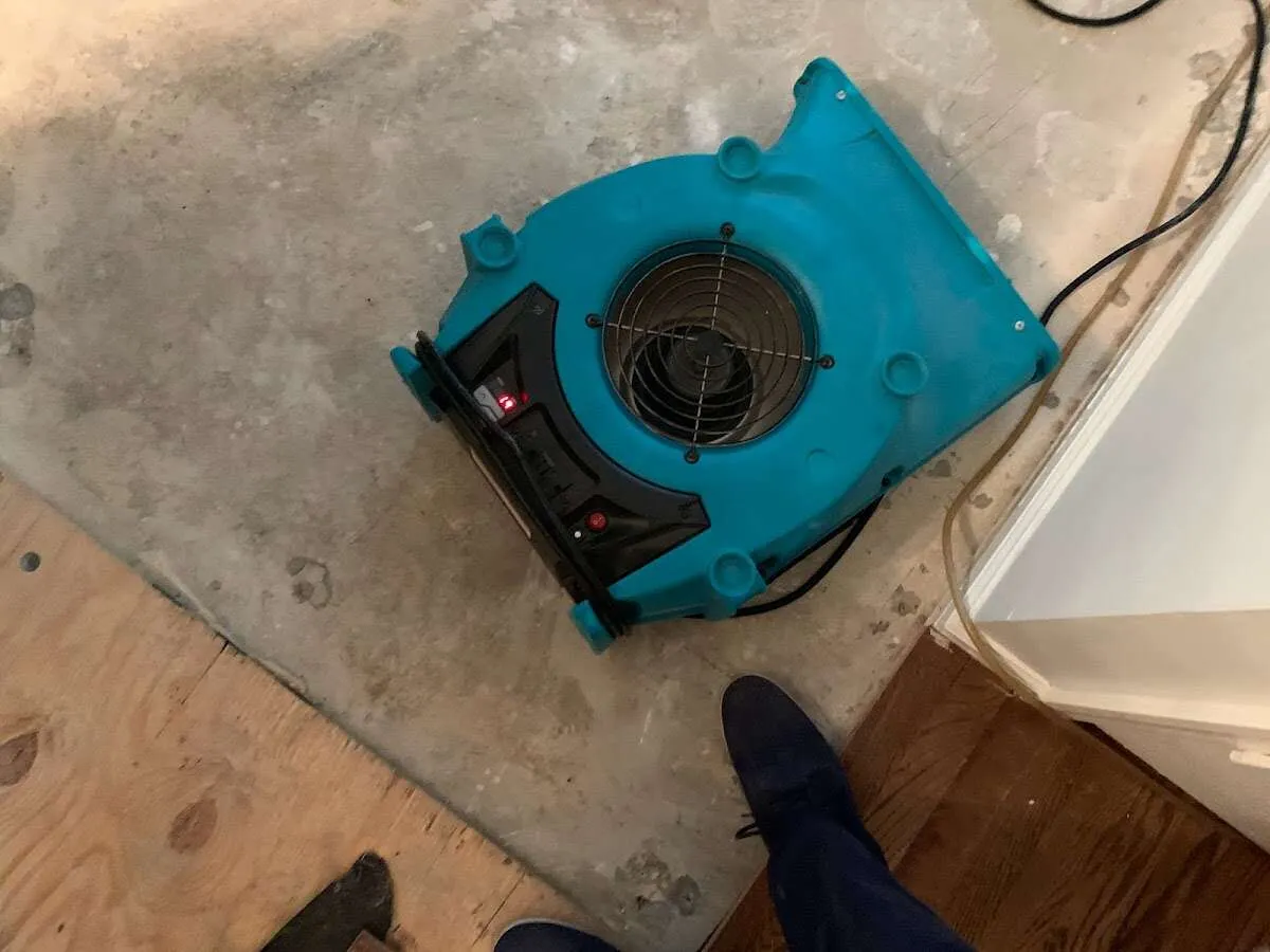 Air mover drying subfloor during Leak Detection & Repair in Emmaus